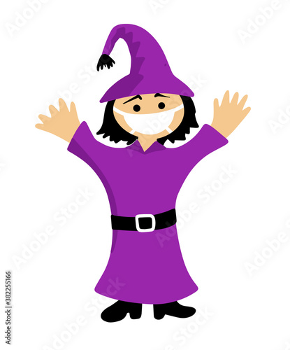 halloween cartoon character in covid-19 pandemic. scary cute witch in protective mask.