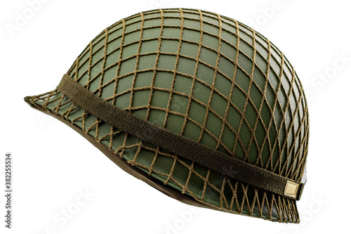 Warfare protective gear and soldier camouflage uniform concept with modern green military helmet isolated on white background with clipping path cutout using the ghost mannequin technique