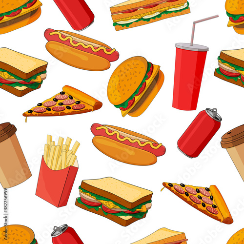 Seamless pattern consisting of fast food images.There are Burger,pizza,sandwiches and drinks.Can be used for various kinds of design, calligraphy and wrapping paper. photo