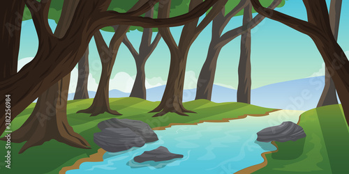 Illustration view of forest with river mountain background
