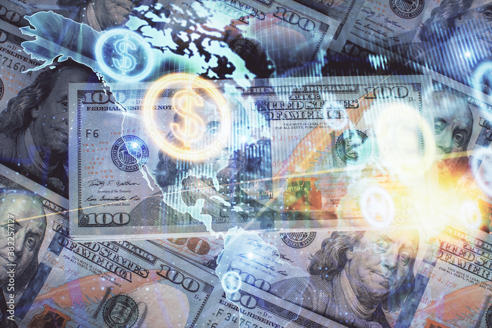 Multi exposure of forex chart drawing over us dollars bill background. Concept of financial success markets. Multi exposure of forex chart drawing over us dollars bill background. Concept of financial success markets.