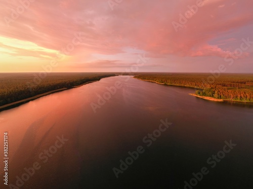 default Stunning sunset over Sajno lake, Poland, aerial view