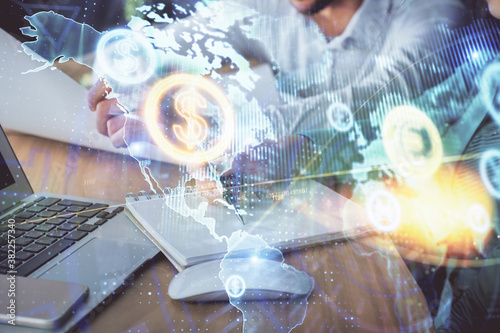 Double exposure of forex chart drawing over people taking notes background. Concept of financial analysis