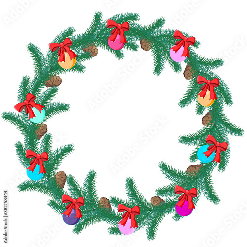 Christmas wreath of Christmas decorations consisting of toys, bows, fir branches and cones.Can be used as postcard, posters for other kinds of design.