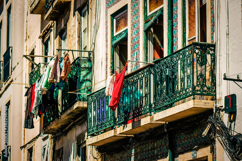 View of the facade of a building in the downtown of Lisbon in Portugal 