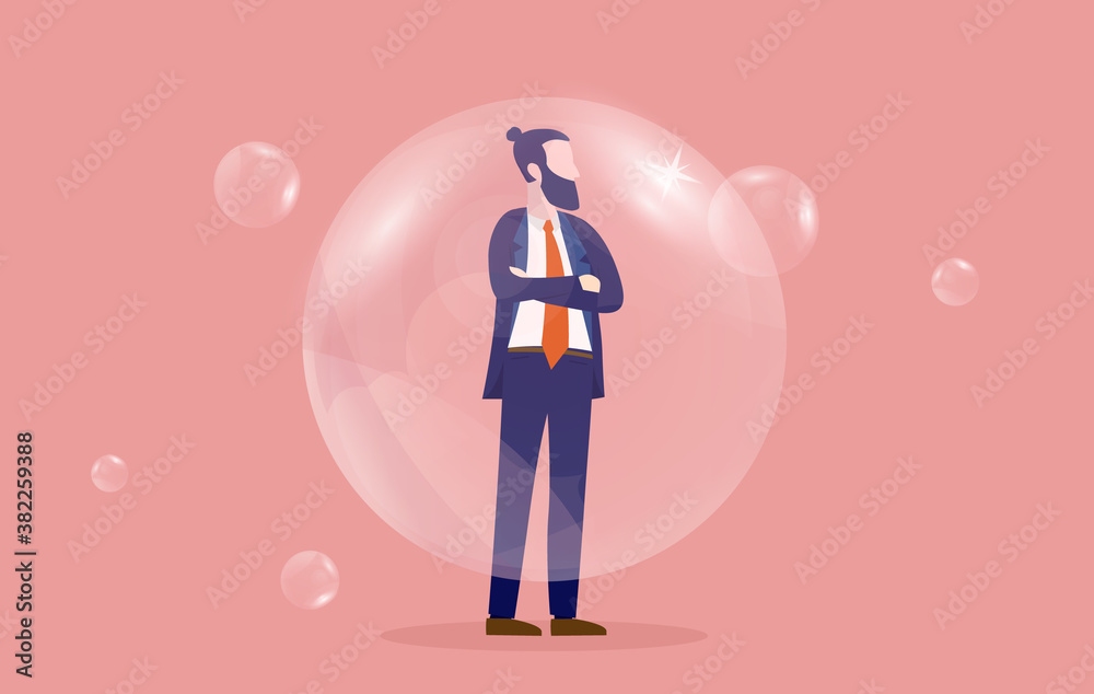 Living in a bubble Man standing with folded arms ignoring everything