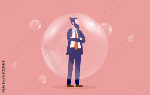 Living in a bubble - Man standing with folded arms ignoring everything. Isolated from the world concept. Vector illustration.