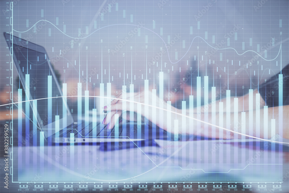 Double exposure of businesswoman hands typing on computer and forex chart hologram drawing. Financial analysis concept. Double exposure of businesswoman hands typing on computer and forex chart hologram drawing. Financial analysis concept.