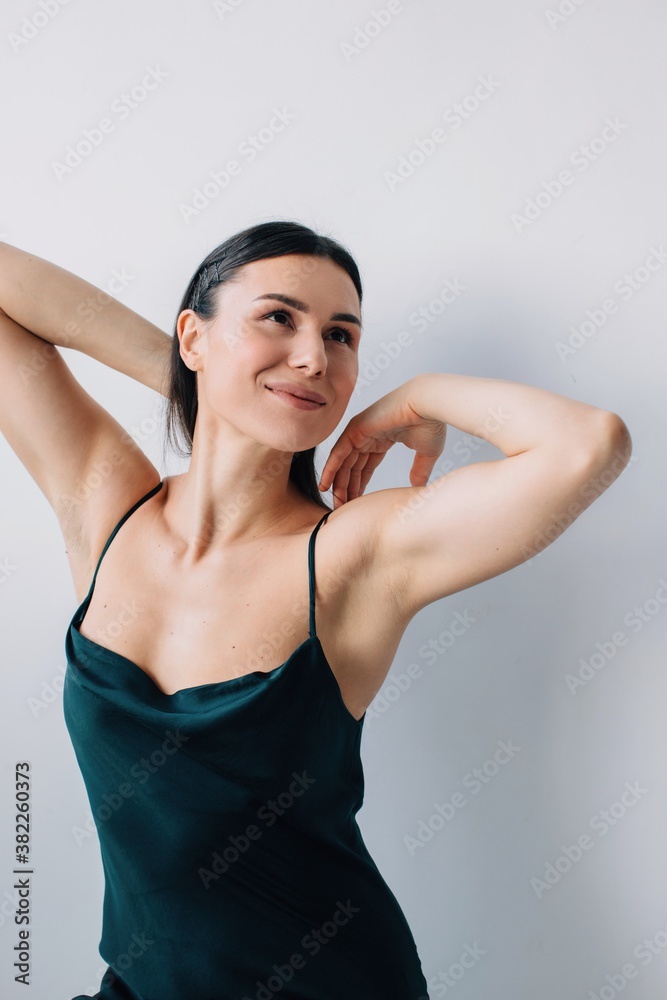 Happy young woman in black nightwear Happy young woman in black nightwear