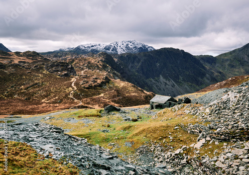 Dubs Hut Bothy and distant path to Haystacks. Cumbria, UK.