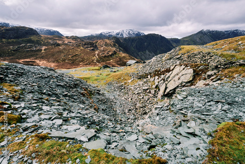 Dubs Hut Bothy and distant path to Haystacks. Cumbria, UK.