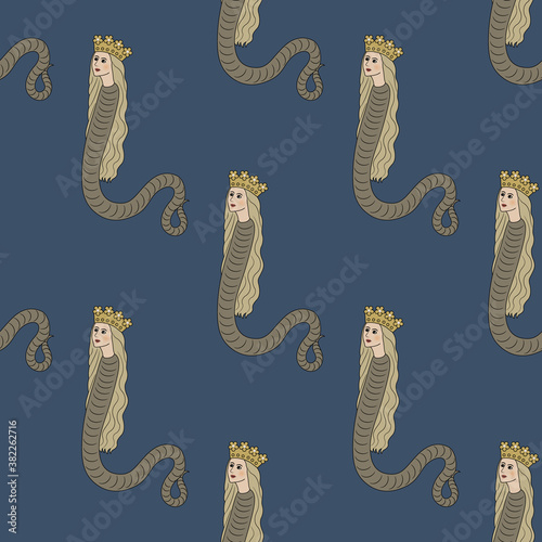 Seamless vintage pattern with fantastic lady snakes. 