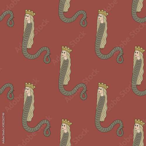 Seamless vintage pattern with fantastic lady snakes.