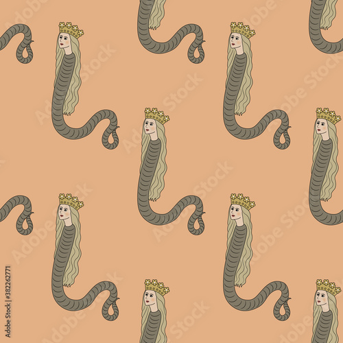 Seamless vintage pattern with fantastic lady snakes. 