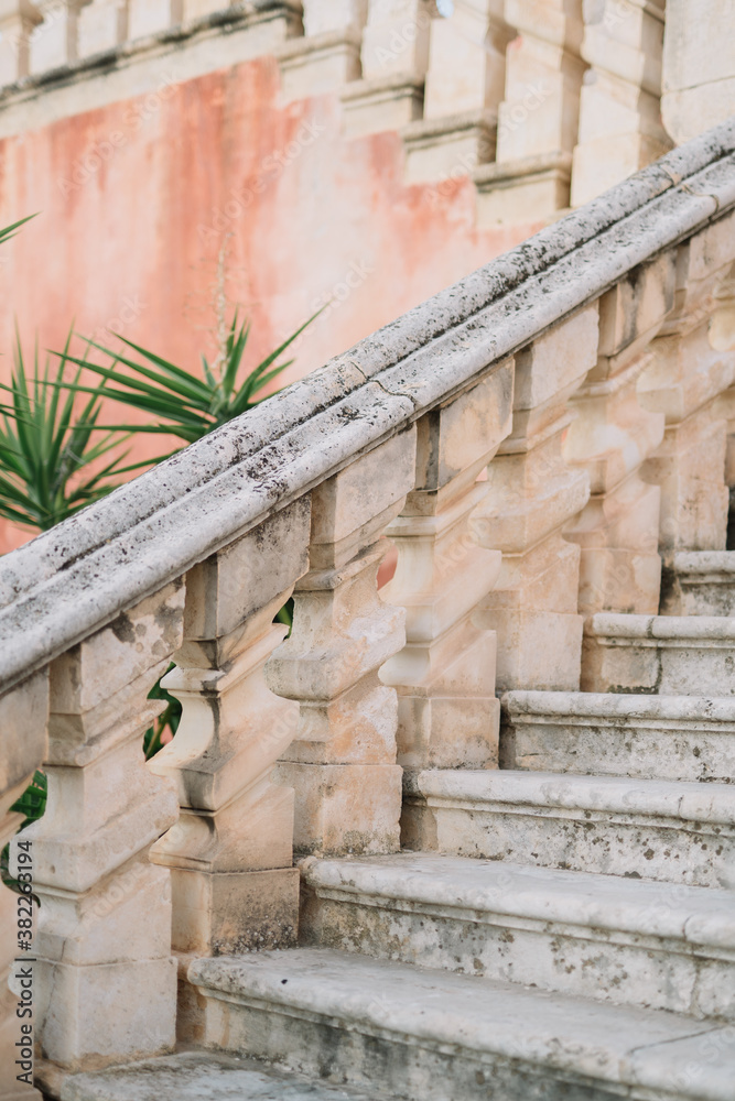 Palm tree against pink building rock stairs Palm tree against pink building rock stairs