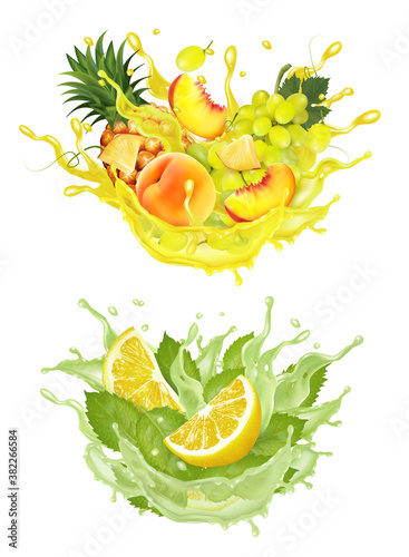 Fototapeta Naklejka Na Ścianę i Meble -  Set of fruit juice splash. Whole and sliced pineapple, mango, peach lime, orange, banana in juice or cocktail with splashes and drops isolated on transparent background. Vector.