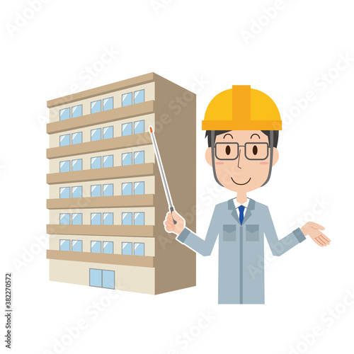 マンションについて説明する建設会社男性社員