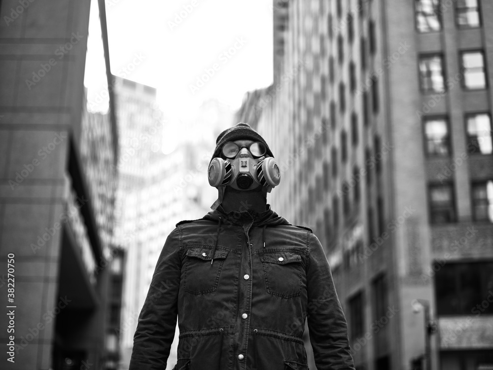 Man Wearing Gas Mask in City Man Wearing Gas Mask in City