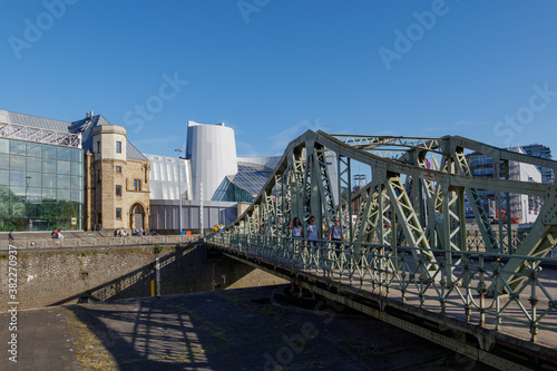 Outdoor sunny view of Drehbrücke and Cologne Chocolate Museum in Düsseldorf, Germany