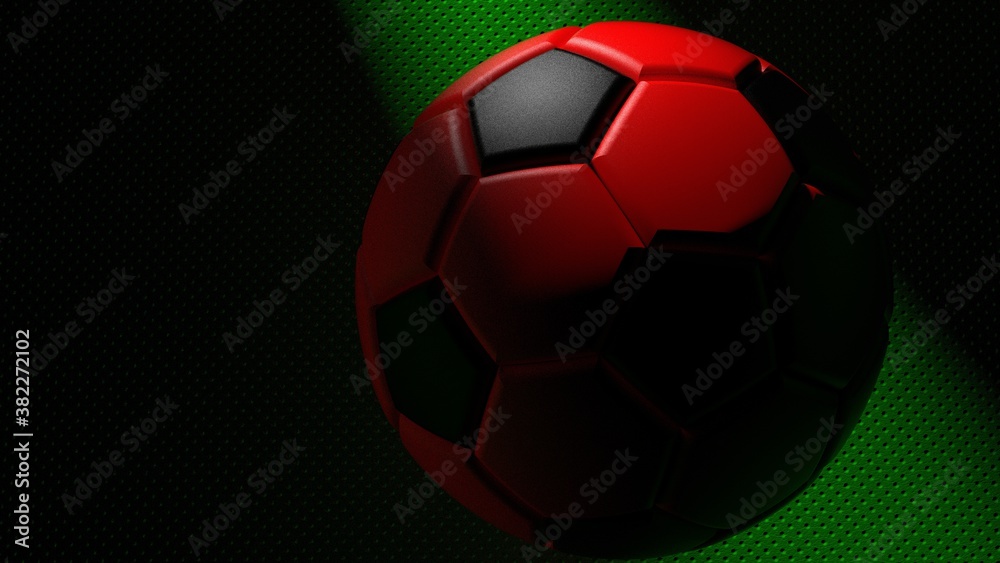 Black-Red Soccer ball on the green metallic painted wall under slit light. 3D illustration. 3D CG. 3D high quality rendering.