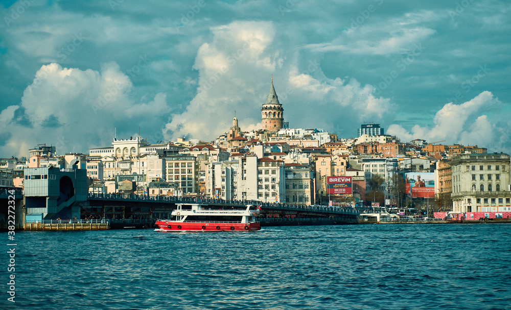 Istanbul city panorama view on galata tower with blue sky