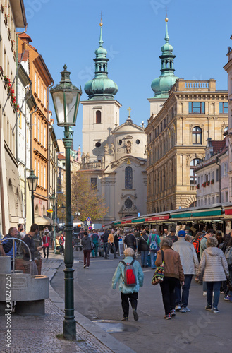 PRAGUE, CZECH REPUBLIC - OCTOBER 16, 2018: The market and the Kostel svatého Havla church.