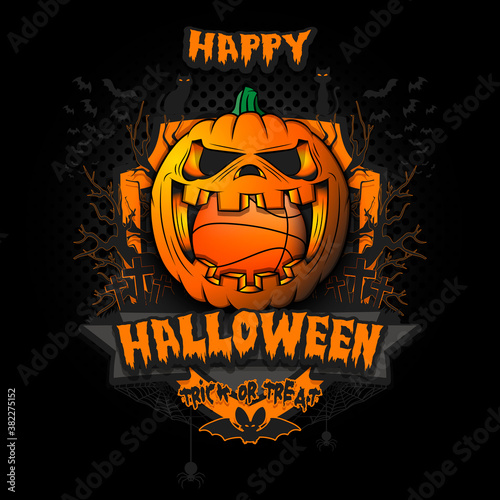 Happy Halloween. Basketball ball inside frightening pumpkin. Cats, bats, spiders, trees, crosses. Design template for banner, poster, greeting card, flyer, party invitation. Vector illustration