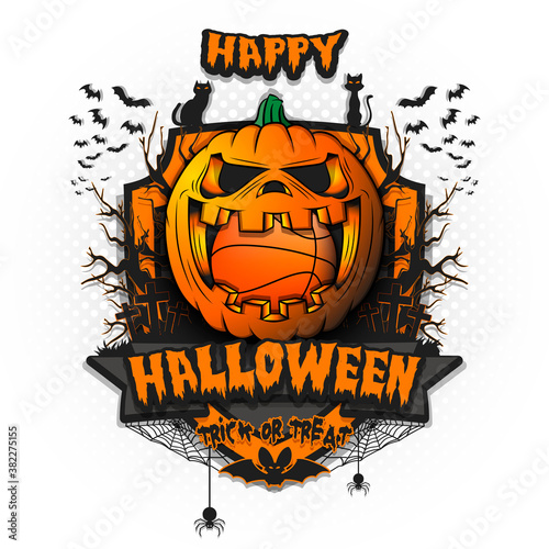 Happy Halloween. Basketball ball inside frightening pumpkin. Cats, bats, spiders, trees, crosses. Design template for banner, poster, greeting card, flyer, party invitation. Vector illustration