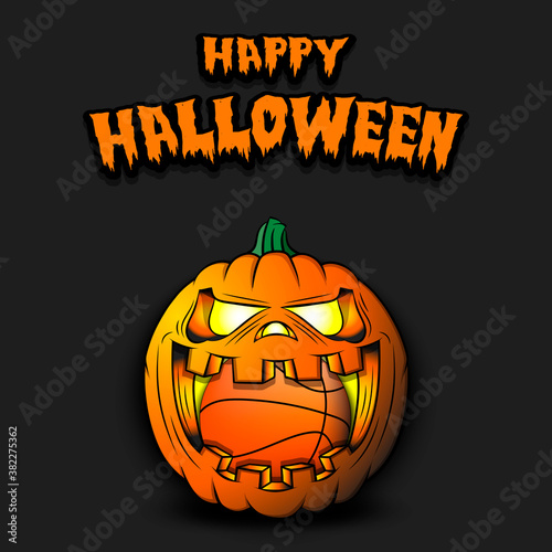 Happy Halloween. Basketball ball inside frightening pumpkin. The pumpkin swallowed the ball with burning eyes. Design template for banner, poster, greeting card, party invitation. Vector illustration