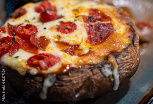 Closeup of a Cheesy Portobello Pizza