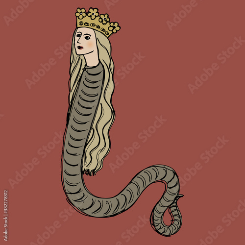 Fantastic lady snake in royal golden crown. Lilith. Hand drawn colorful sketch.