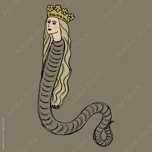 
Fantastic lady snake in royal golden crown. Lilith. Hand drawn colorful sketch.