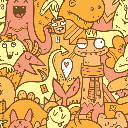 Seamless halloween pattern with cute cartoon monsters on  orange background. Print with funny characters. Vector contour colorful image.