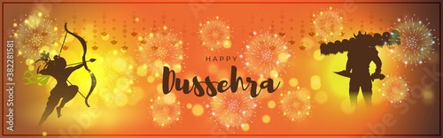 Vector illustration of Happy Dussehra greeting, Indian festival, Lord Rama holding bow and arrow in hands killing Ravana, fireworks, danglers, beautiful bokeh background.