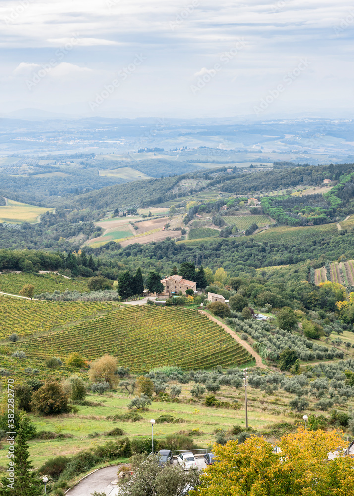 Top view of the Chianti valley in autumn from the town Castellina Di Chianti, Tuscany, Italy