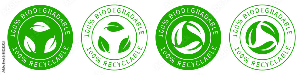 Biodegradable recyclable vector icon, 100% persent biodegradable recycle stamp, reusable plastic bio package logo icon set, compostable recyclable vector icon