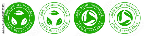 Biodegradable recyclable vector icon, 100% persent biodegradable recycle stamp, reusable plastic bio package logo icon set, compostable recyclable vector icon