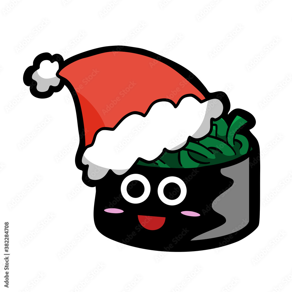 Cute cartoon nori sushi smile with Christmas red hat, icon, emoji element on white silhouette. Doodle black line decoration for logo, planner, card and any design. Vector illustration about holiday. Cute cartoon nori sushi smile with Christmas red hat, icon, emoji element on white silhouette. Doodle black line decoration for logo, planner, card and any design. Vector illustration about holiday.