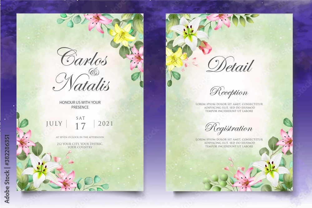 Obraz premium Hand drawn watercolor floral wedding invitation card template