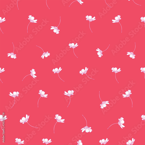 Floral seamless pattern with cosmos flower. White small flowers on coral background design.
