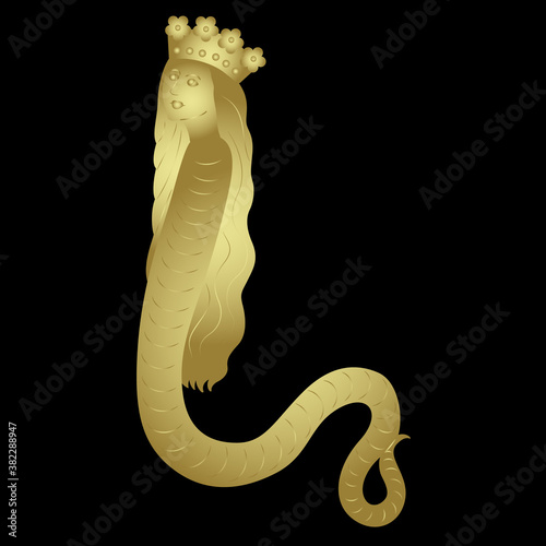 Fantastic lady snake in royal crown. Lady dragon. Lilith or Melusine. Medieval art. Monochrome gold silhouette.