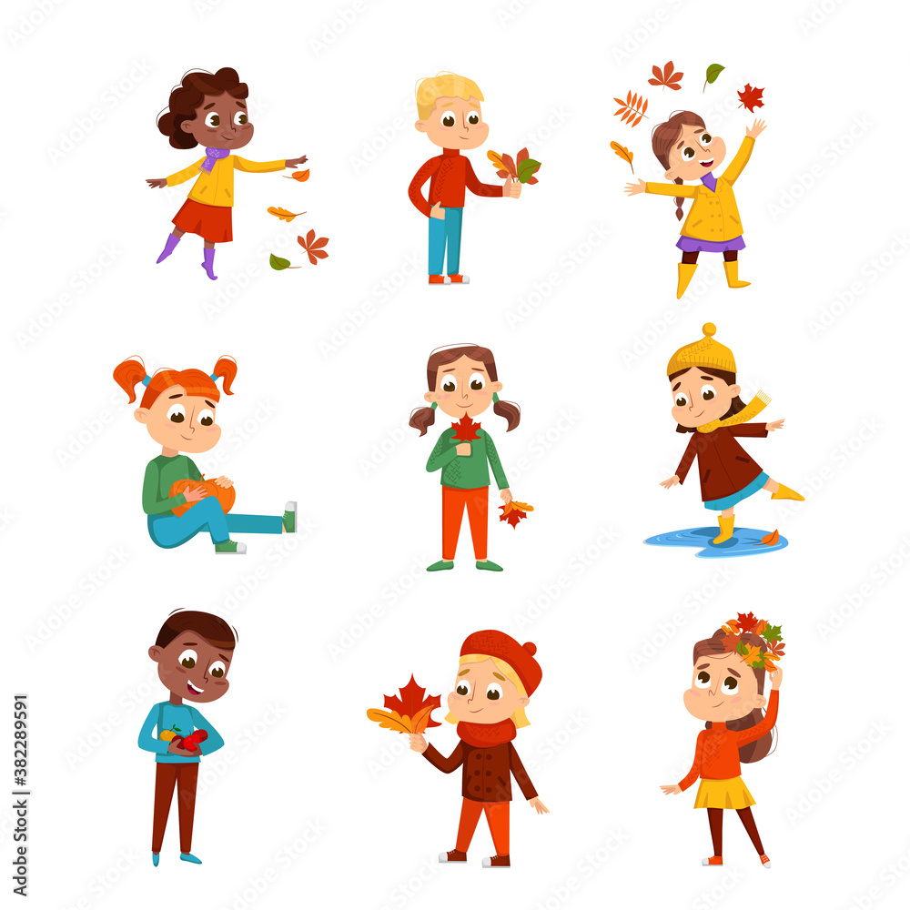 Cute Boys and Girls Walking and Playing in Park Wearing Warm Clothes Set, Autumn Season Outdoor Activities Cartoon Style Vector Illustration