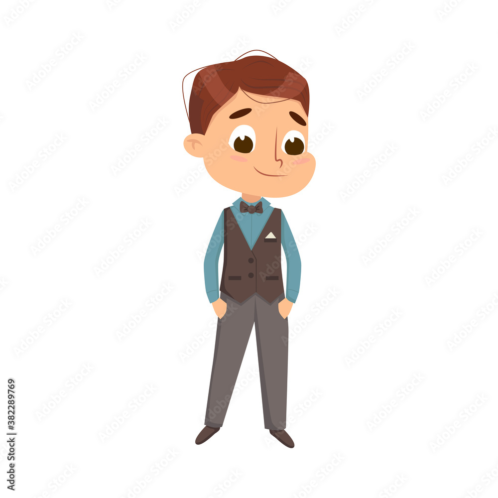 Little Boy in Elegant Suit, Cute Boy Wearing Dress up Clothes Cartoon Style Vector Illustration