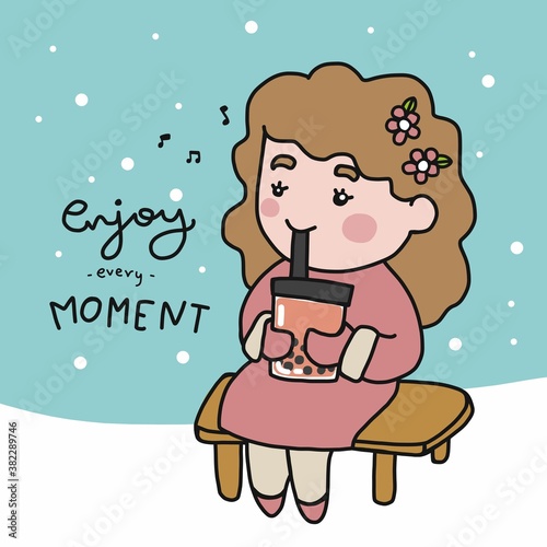 Enjoy every moment , woman drink  bubble tea  in winter cartoon vector illustration