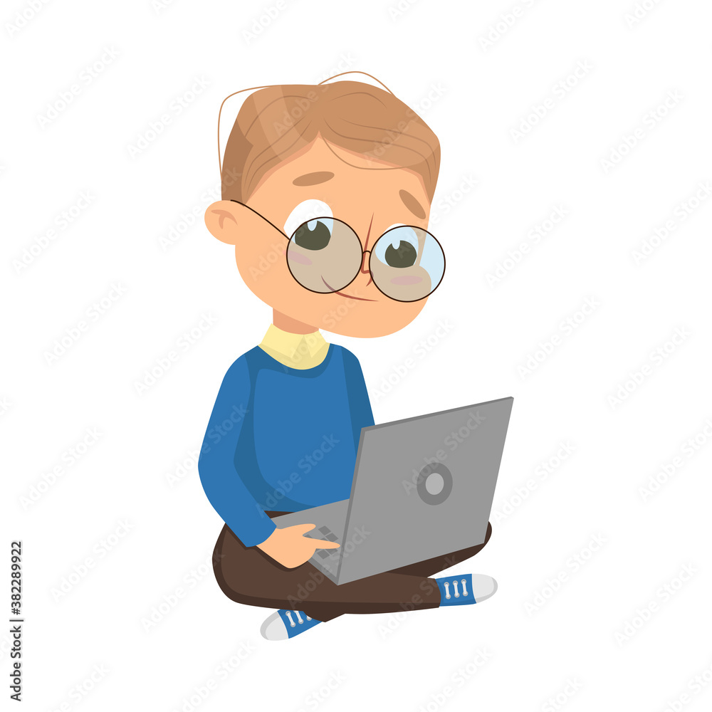 Little Boy Using Laptop Computer, Cute Intelligent Kid with Device, Education and Knowledge Concept Cartoon Style Vector Illustration
