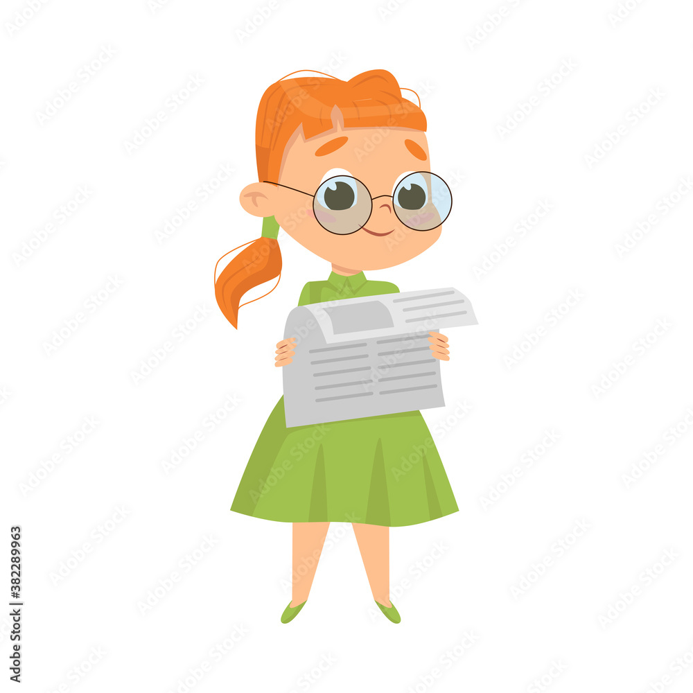 Cute Intelligent Girl Reading Newspaper, Education and Knowledge Concept Cartoon Style Vector Illustration