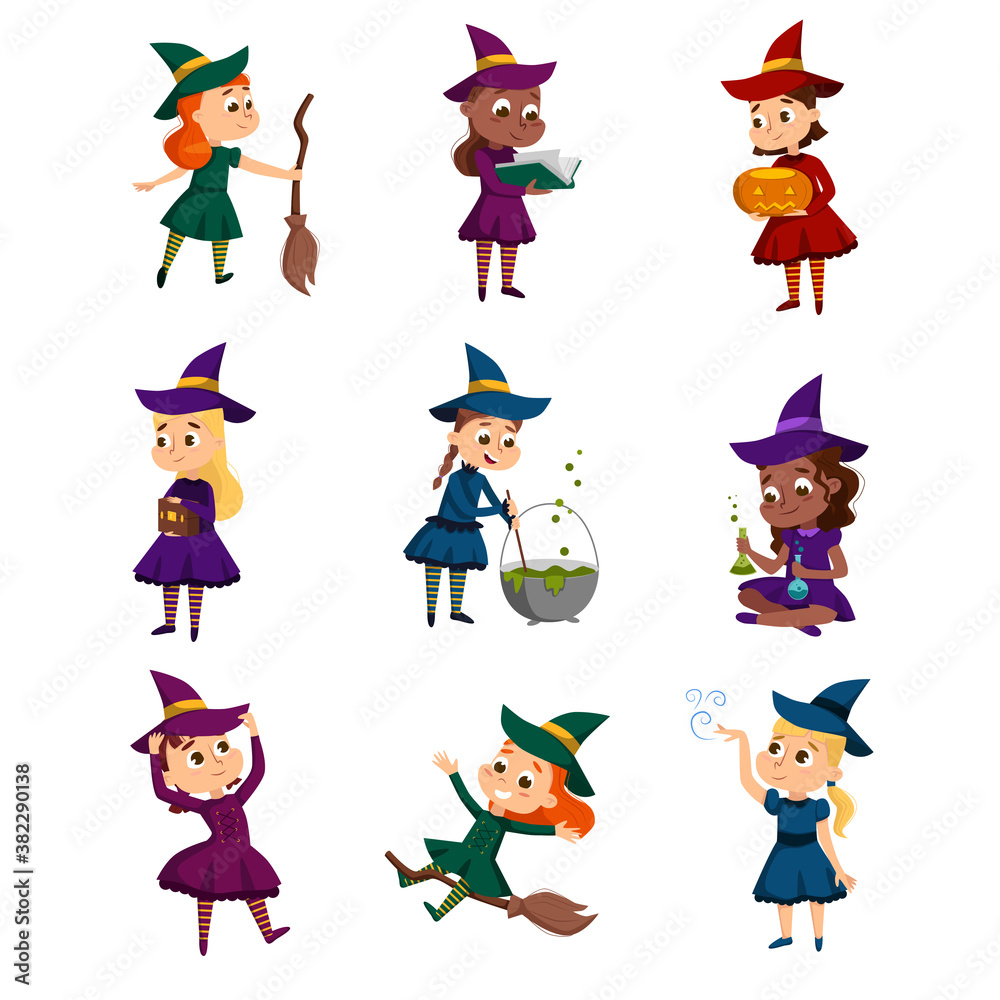Little Witches Set, Cute Girls Wearing Dress and Hat Practicing Witchcraft Cartoon Style Vector Illustration Little Witches Set, Cute Girls Wearing Dress and Hat Practicing Witchcraft Cartoon Style Vector Illustration