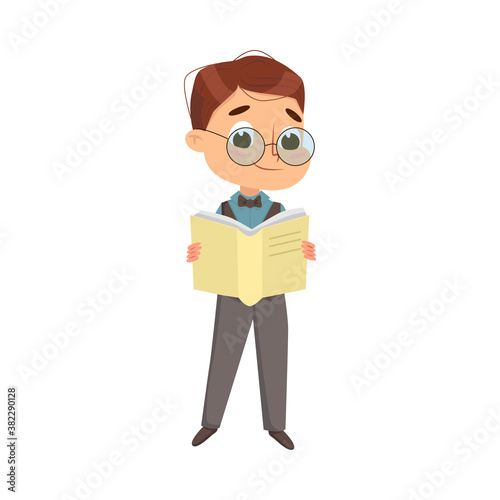 Cute Intelligent Boy Standing and Reading Book, Education and Knowledge Concept Cartoon Style Vector Illustration