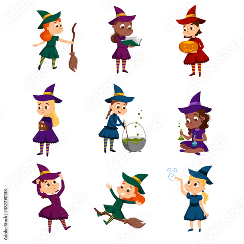 Little Witches Set, Cute Girls Wearing Dress and Hat Practicing Witchcraft Cartoon Style Vector Illustration