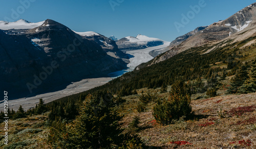 Panorama landscape view to Saskatchewan Glacier part of the Columbia Icefield on the border of Jasper and Banff National Parks from the Parker's Ridge hiking trail, Canadian Rockies, Alberta, Canada